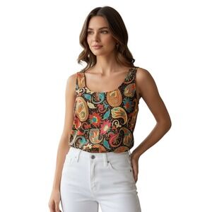 Rhea Anand Top S Multicolor Paisley Floral Smocked Back Rayon Boho Crop Top